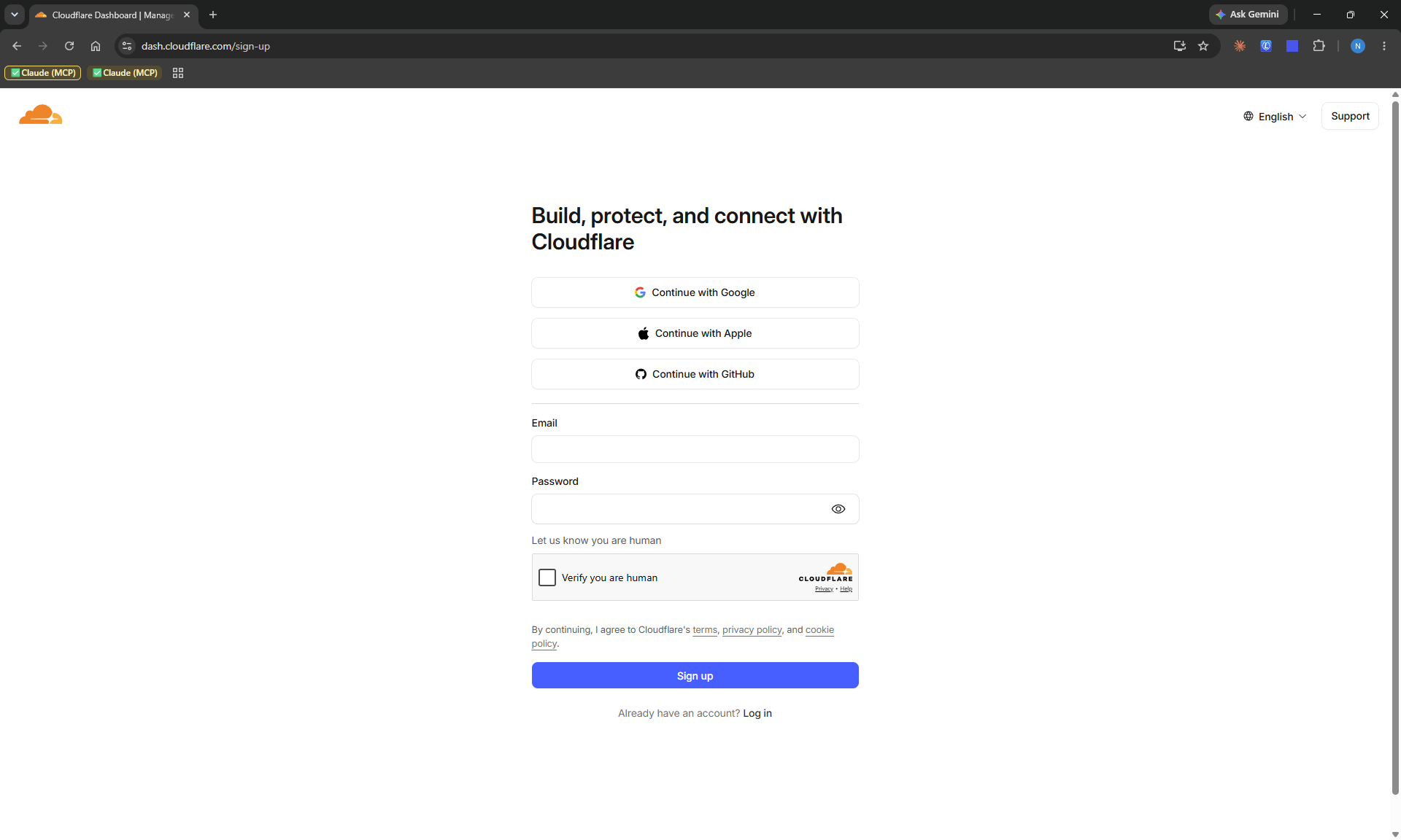 Cloudflare sign-up screen