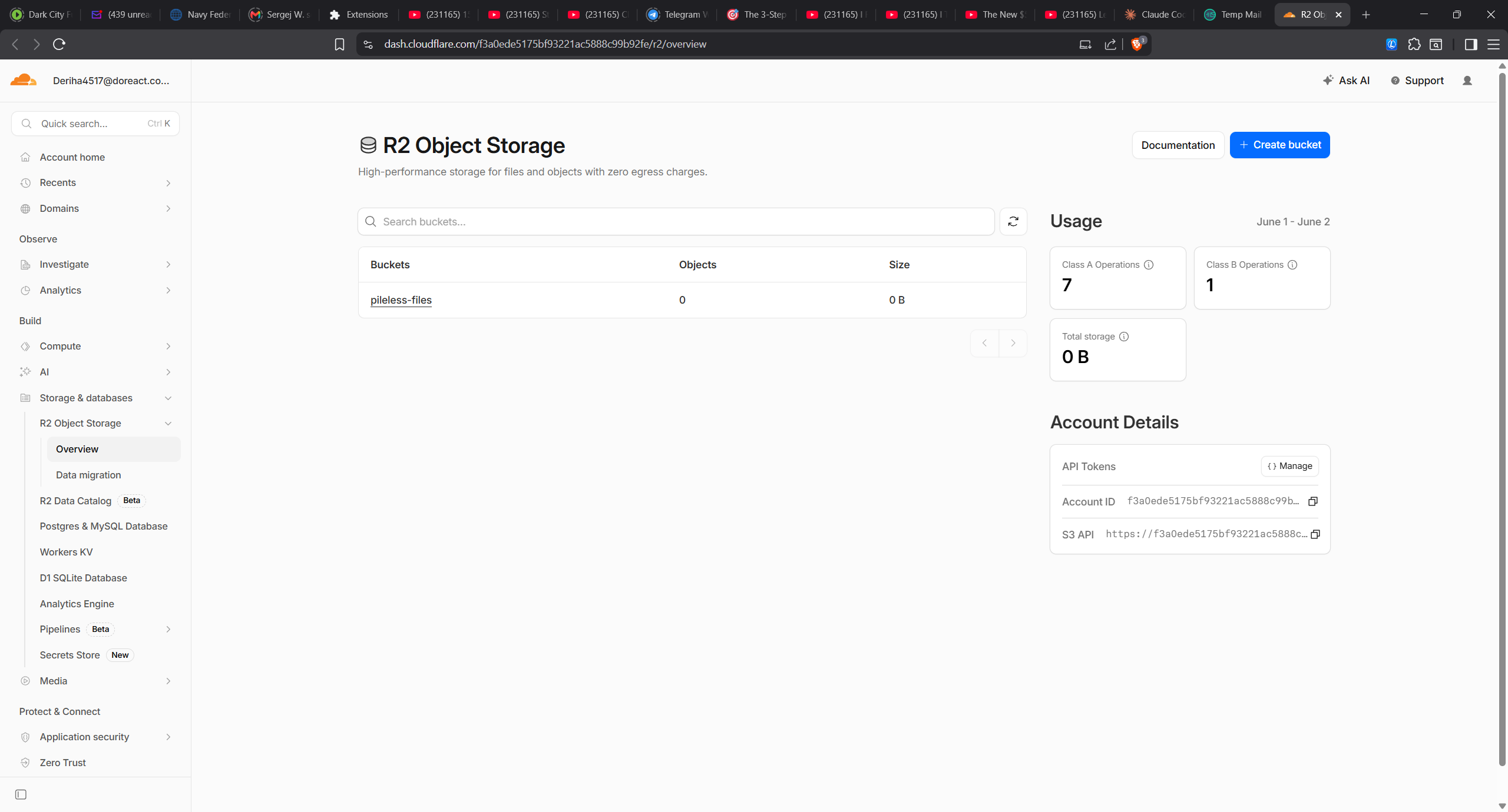 R2 Object Storage overview showing the created bucket plus Account ID and S3 endpoint