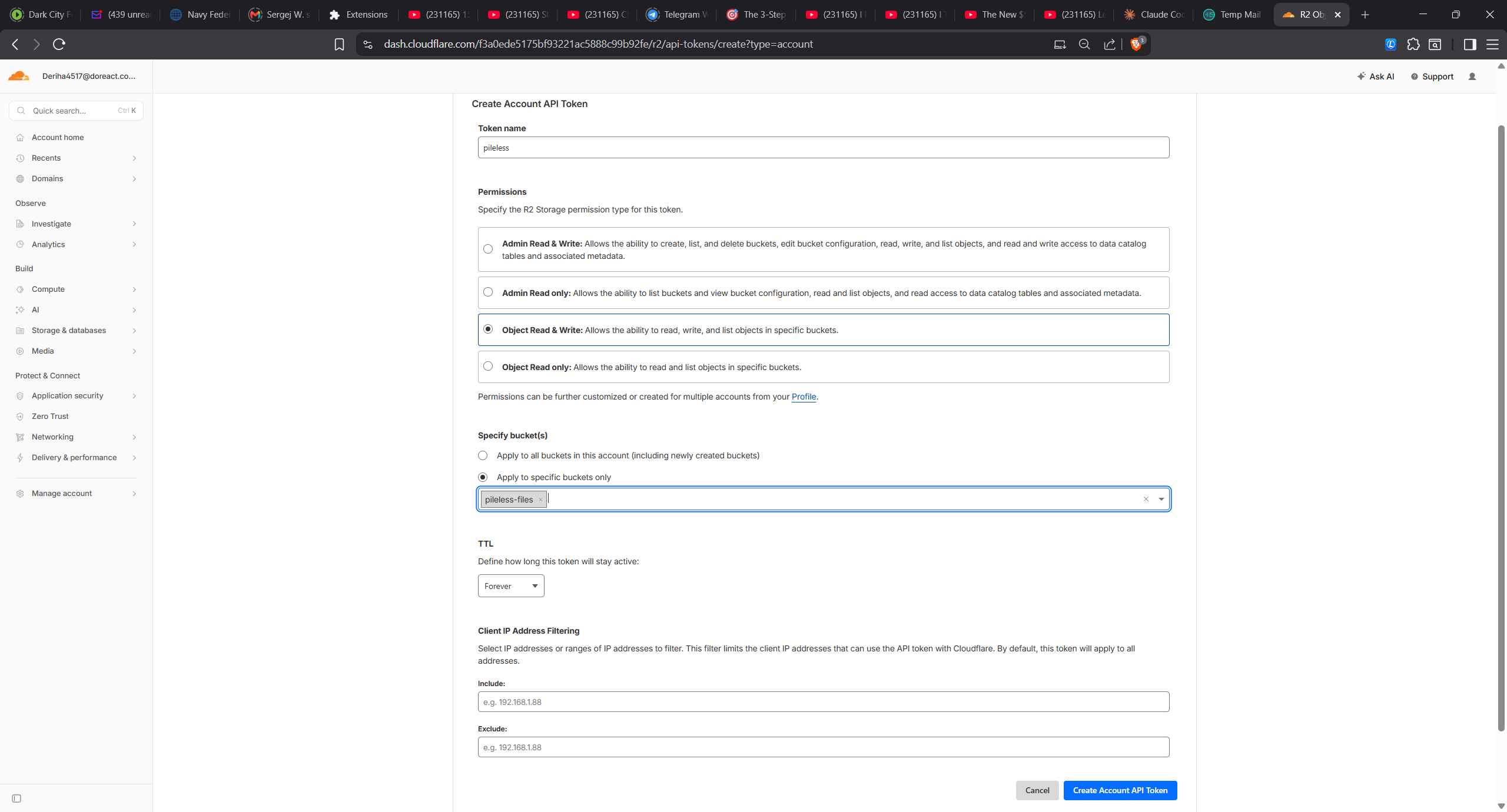R2 Create Account API Token form — Object Read & Write, scoped to the bucket