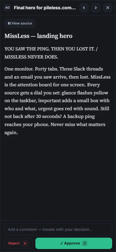 The Pileless review screen on a phone: a MissLess landing-hero decision opened full-width with Approve and Reject buttons pinned at the bottom.