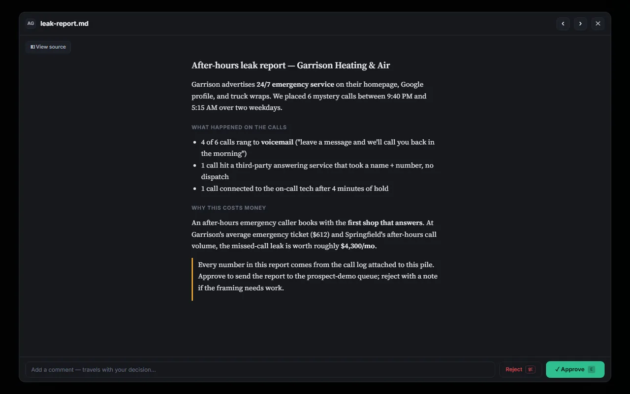 A Pileless review pane showing a report opened for review, with a passage highlighted and a comment attached to that exact quote, plus Approve and Reject actions.